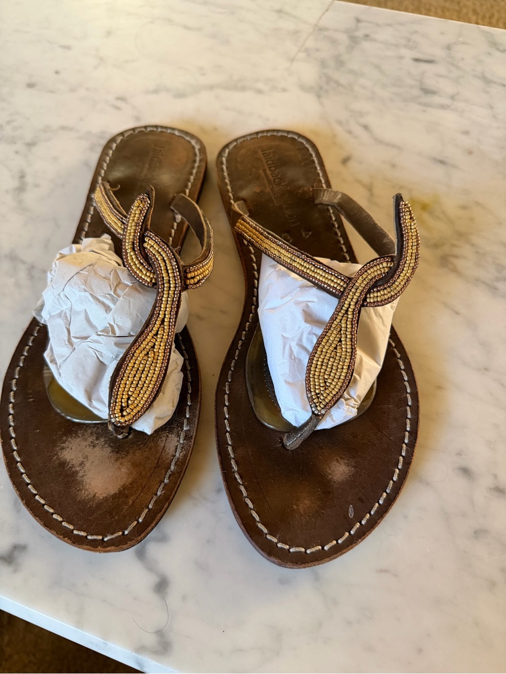 laidbacklondon Hand Beaded Leather Women's Thong Sandals - hand made in Kenya